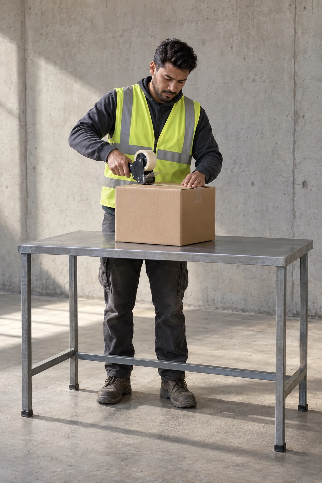 Warehouse worker sealing a plain carton at a packing bench