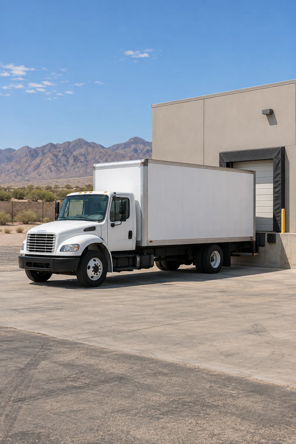 Unbranded box truck at an anonymous loading bay in an Arizona desert setting