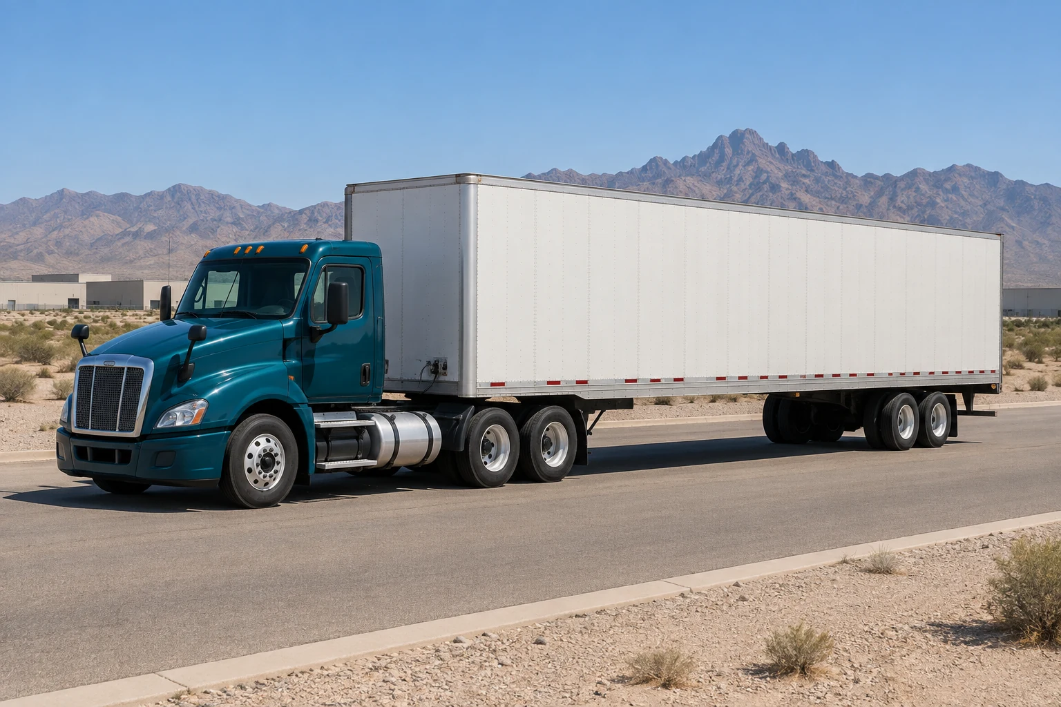 Unbranded tractor and dry-van trailer on an Arizona industrial road