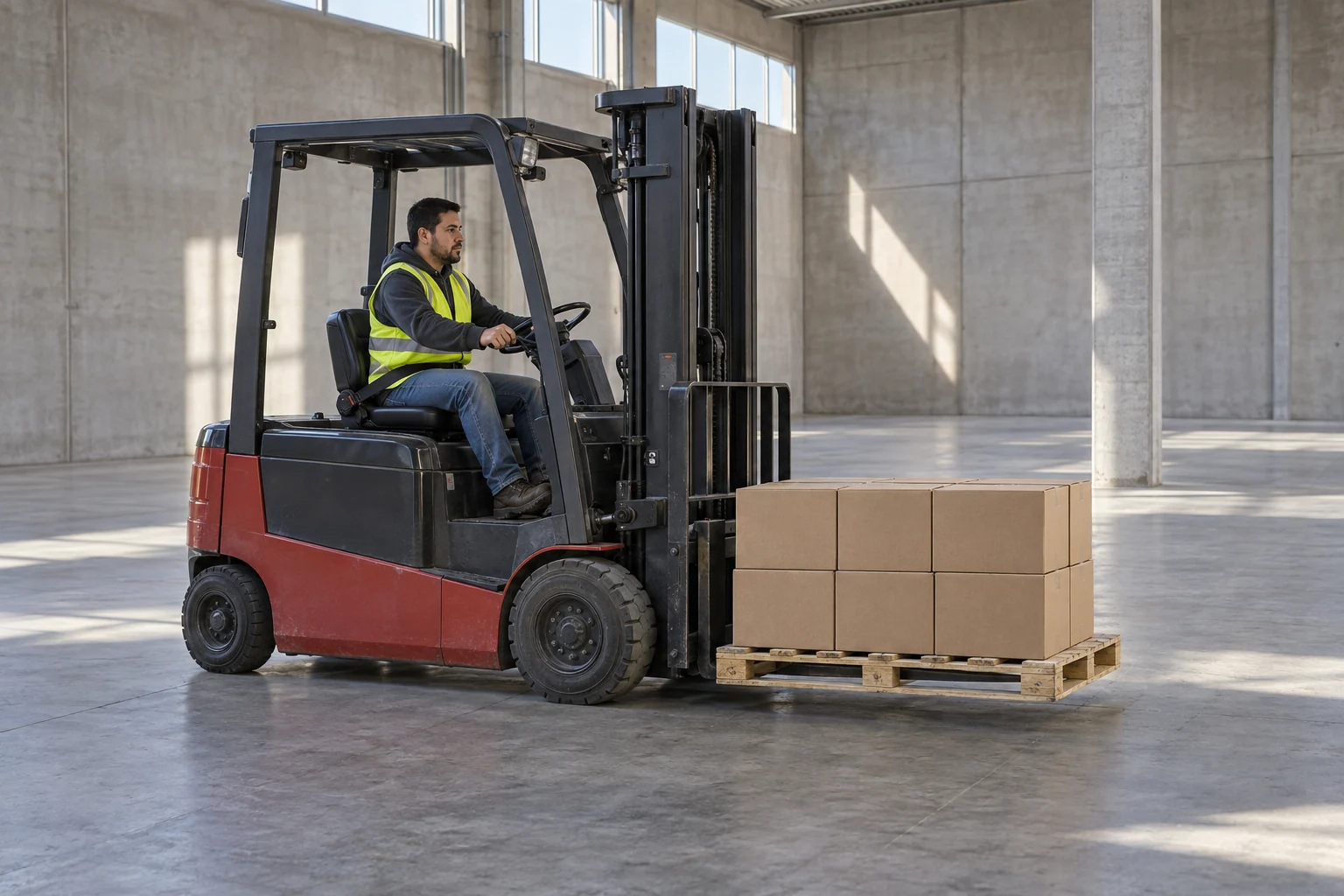 Forklift operator moving one pallet through a clean warehouse aisle